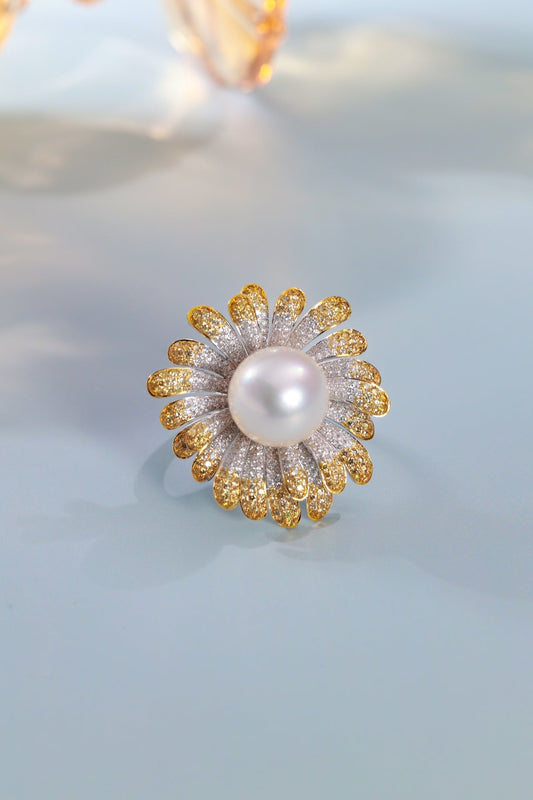 18K Gold Pearl and Diamond Fireworks Ring - Luxury Jewelry - White Diamond Ring