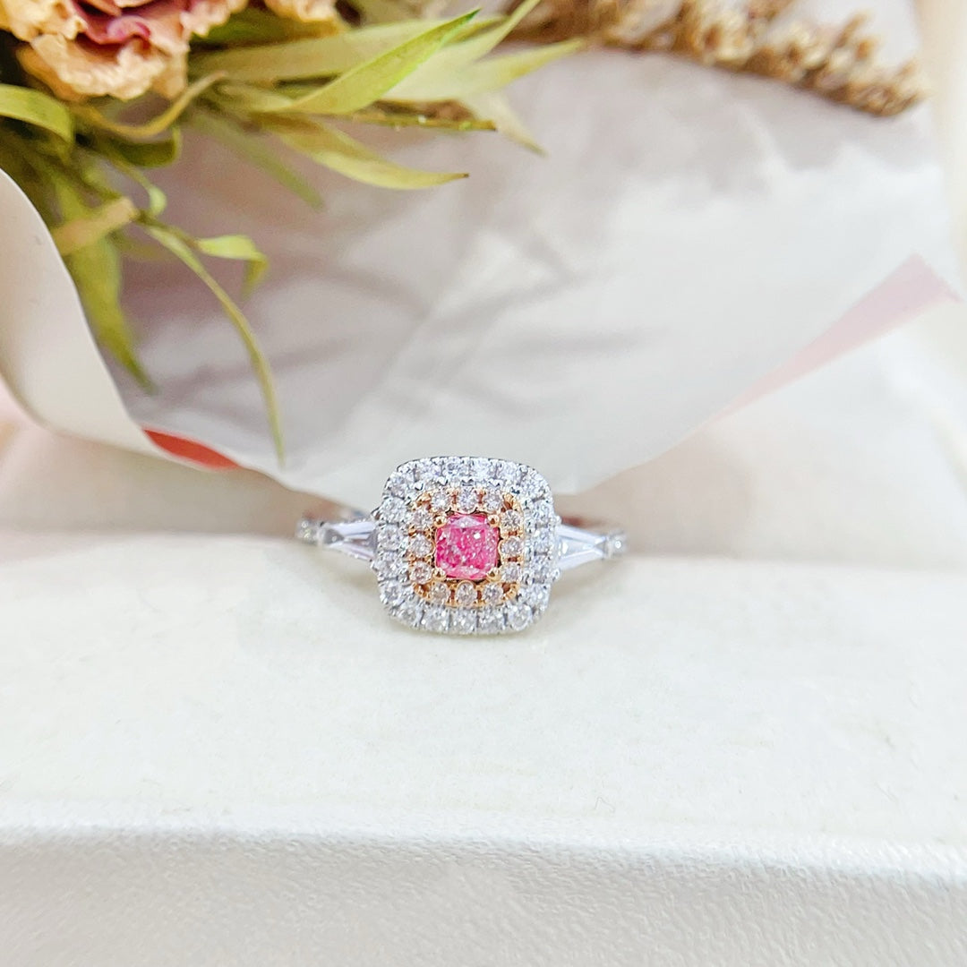 18K Gold Pink Diamond Cushion-Cut Double-Tier Ring | Premium Jewelry - Pink Diamond Ring