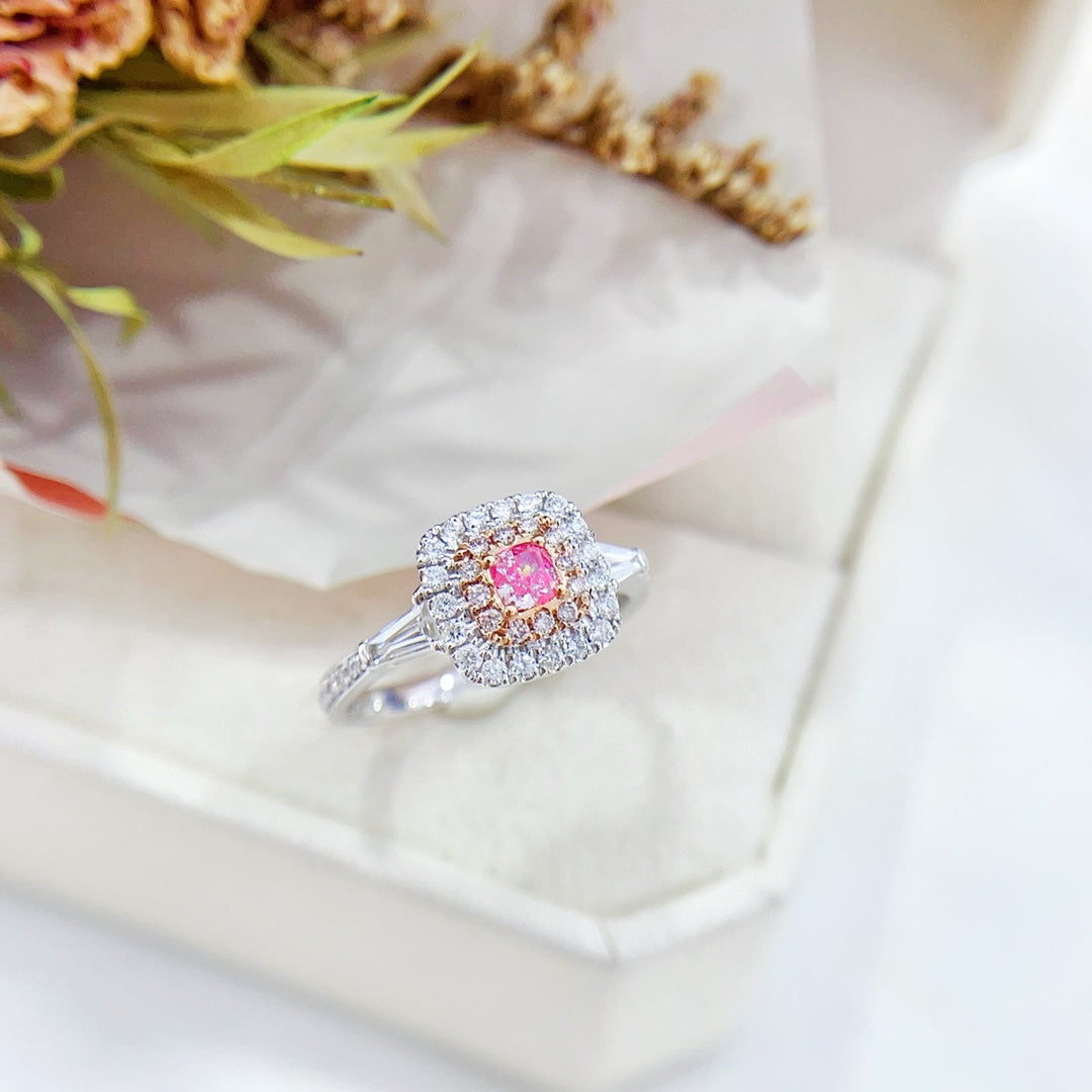 18K Gold Pink Diamond Cushion-Cut Double-Tier Ring | Premium Jewelry - Pink Diamond Ring