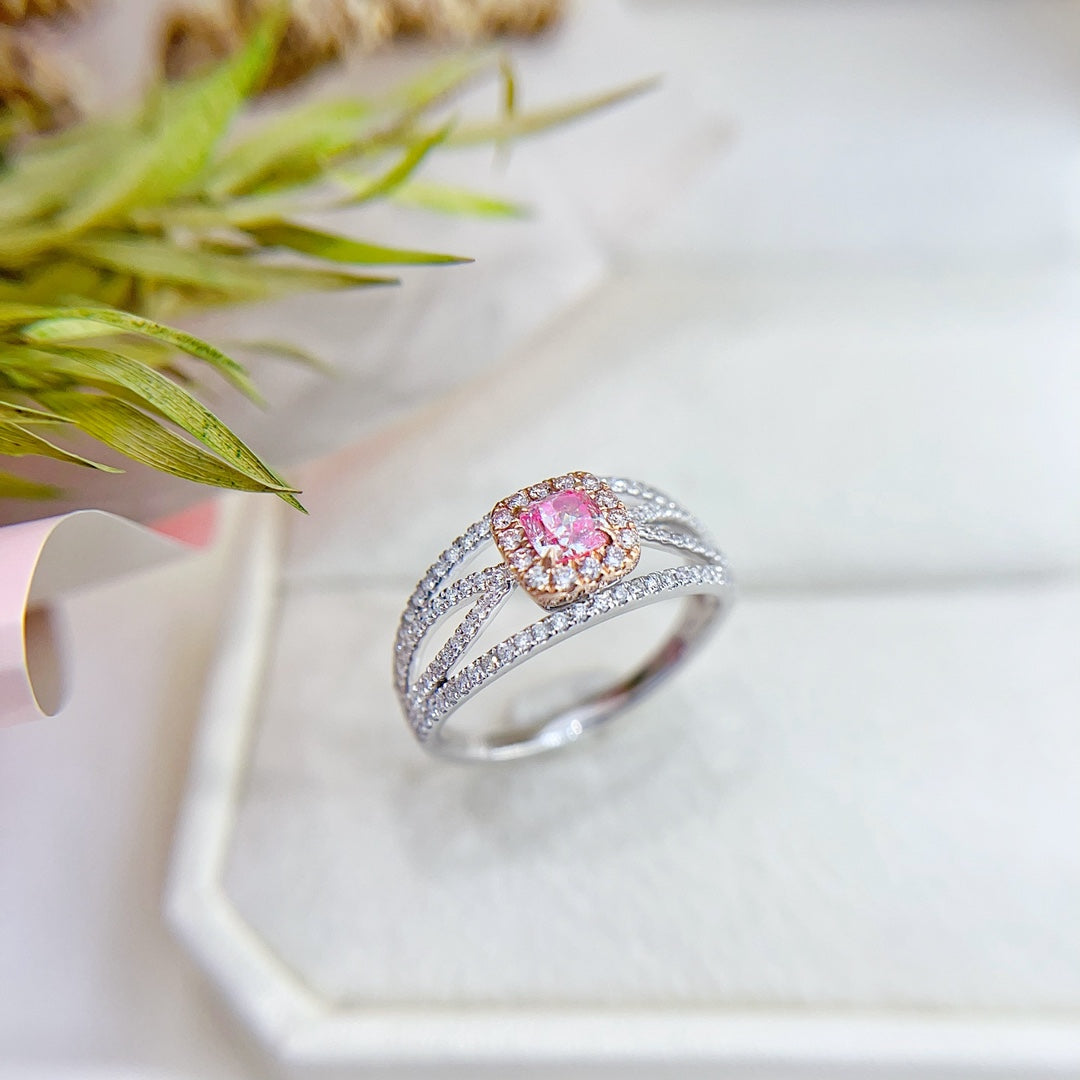 18K Gold Pink Diamond Cushion-Cut Halo Ring - Premium Jewelry - Pink Diamond Ring