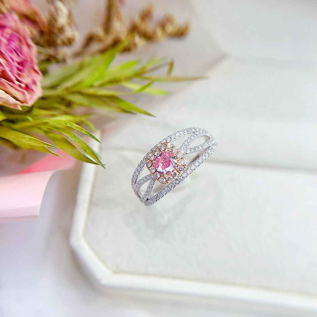 18K Gold Pink Diamond Cushion-Cut Halo Ring - Premium Jewelry - Pink Diamond Ring