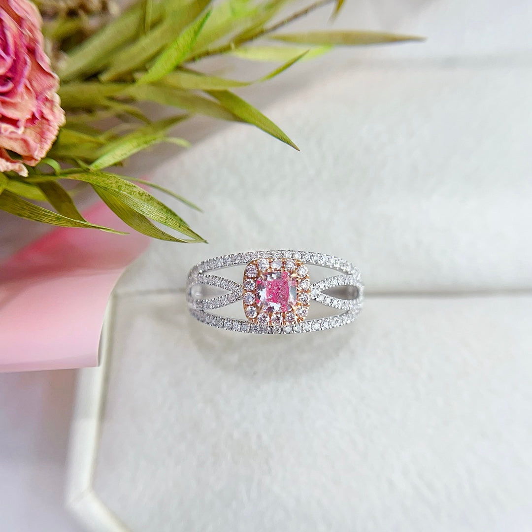 18K Gold Pink Diamond Cushion-Cut Halo Ring - Premium Jewelry - Pink Diamond Ring