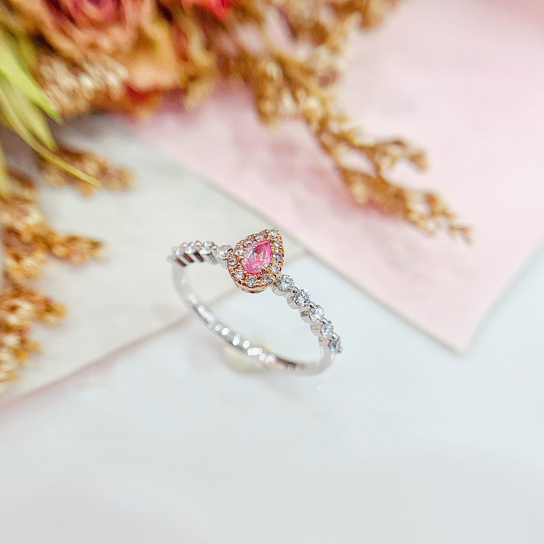 18K Gold Pink Diamond Delicate Drop Ring with Diamond Halo - Luxury Jewelry - Pink Diamond Ring