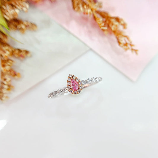 18K Gold Pink Diamond Delicate Drop Ring with Diamond Halo - Luxury Jewelry - Pink Diamond Ring