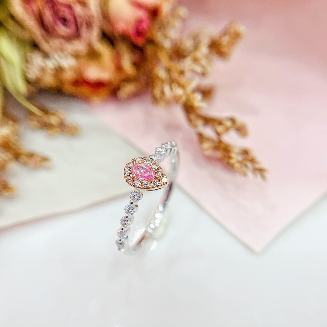 18K Gold Pink Diamond Delicate Drop Ring with Diamond Halo - Luxury Jewelry - Pink Diamond Ring