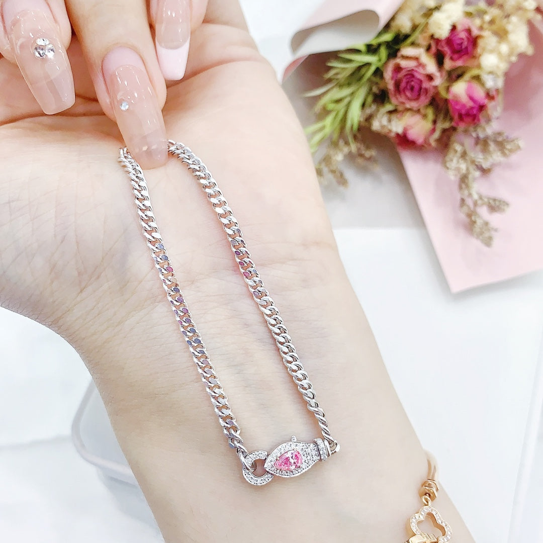 18K Gold Pink Diamond Drop Cuban Bracelet - Exquisite Jewelry - Pink Diamond Bracelet