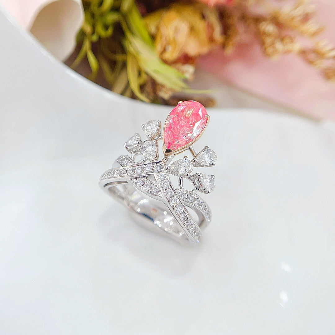 18K Gold Pink Diamond GIA Teardrop Crown Ring - GIA Pink Diamond Ring