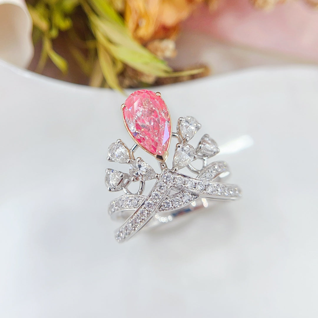 18K Gold Pink Diamond GIA Teardrop Crown Ring - GIA Pink Diamond Ring