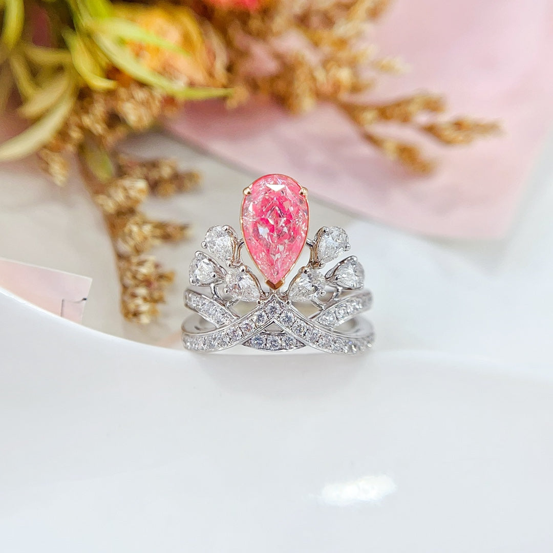 18K Gold Pink Diamond GIA Teardrop Crown Ring - GIA Pink Diamond Ring