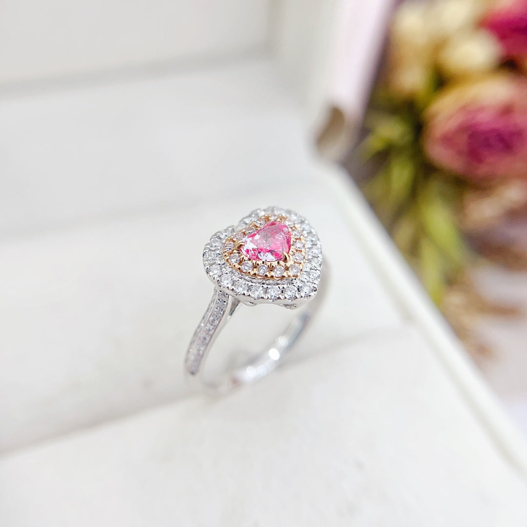 18K Gold Pink Diamond Heart-Shaped Cluster Ring with AGL Certificate - Luxurious Jewelry - Pink Diamond Ring