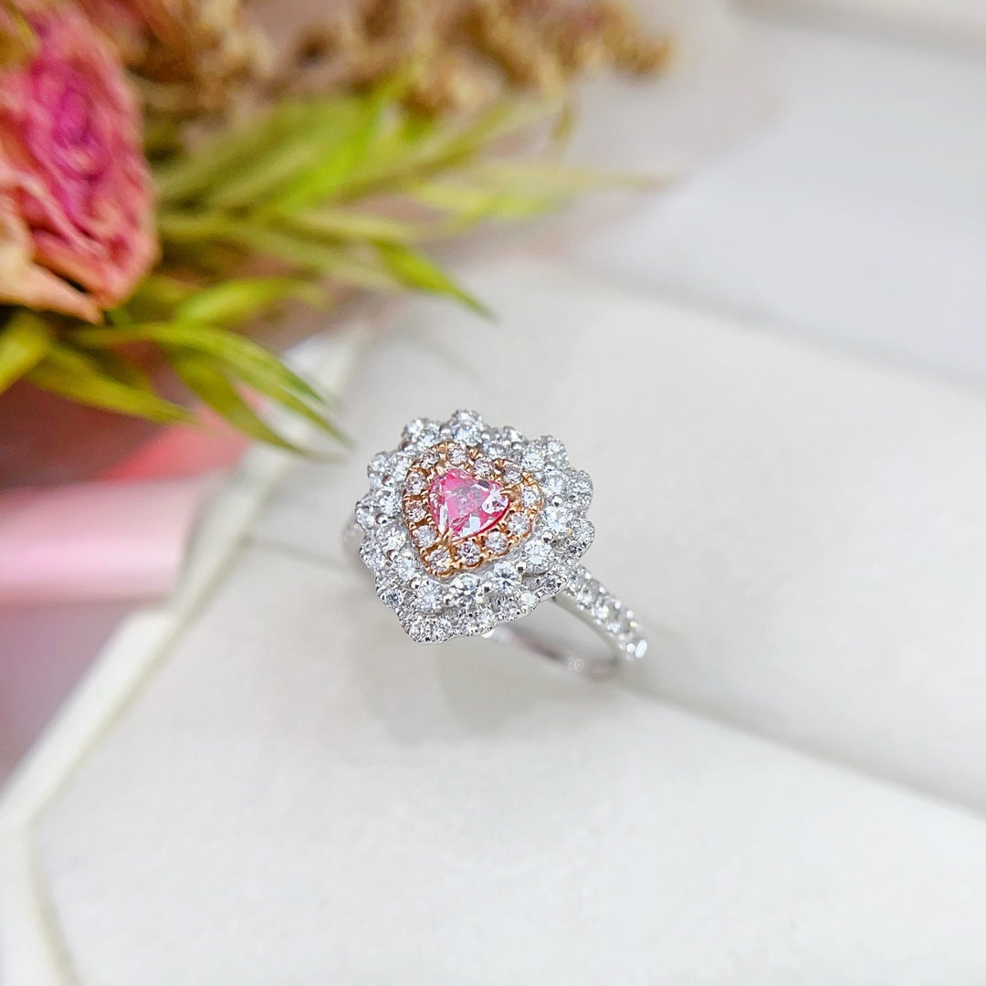 18K Gold Pink Diamond Heart-Shaped Halo Ring | Premium Jewelry - Pink Diamond Ring