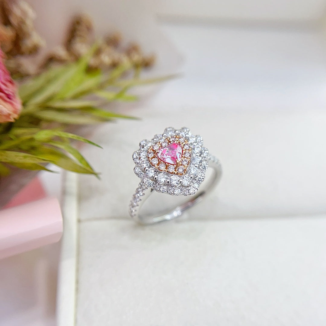 18K Gold Pink Diamond Heart-Shaped Halo Ring | Premium Jewelry - Pink Diamond Ring