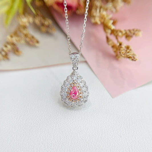 18K Gold Pink Diamond Pendant Necklace - Double Halo Design - Pink Diamond Necklace