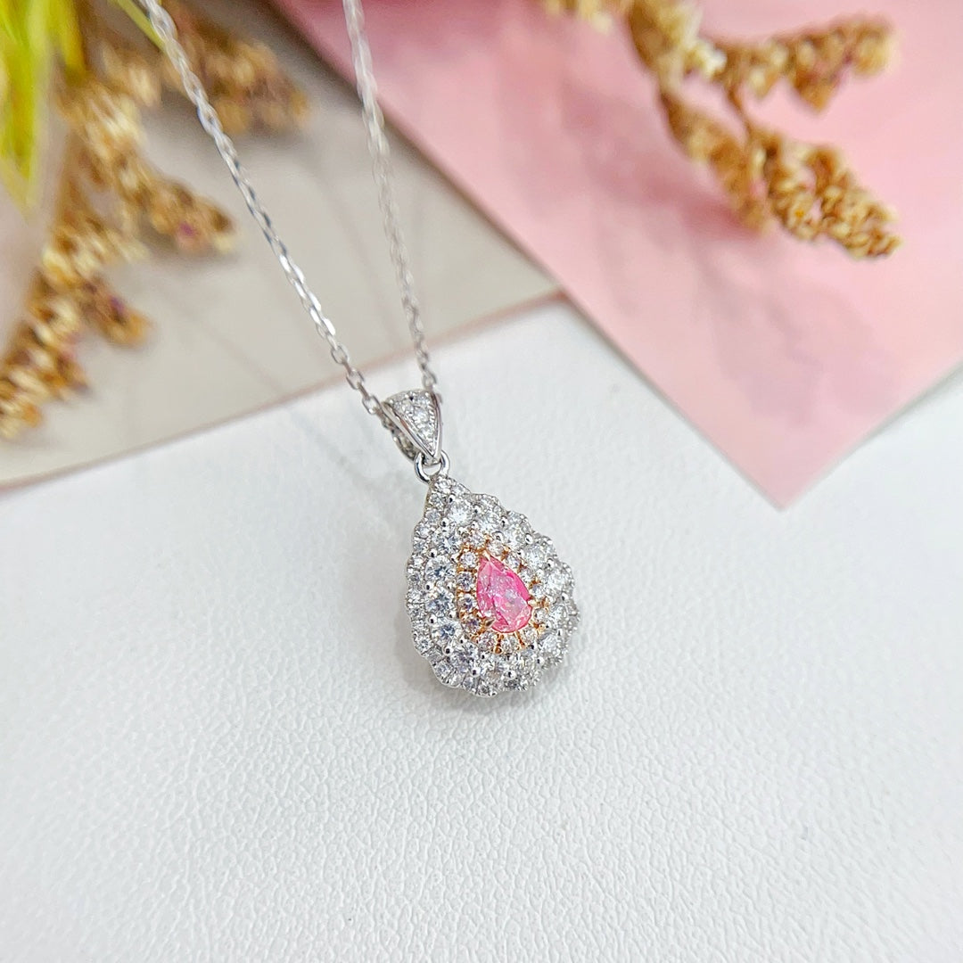 18K Gold Pink Diamond Pendant Necklace - Double Halo Design - Pink Diamond Necklace