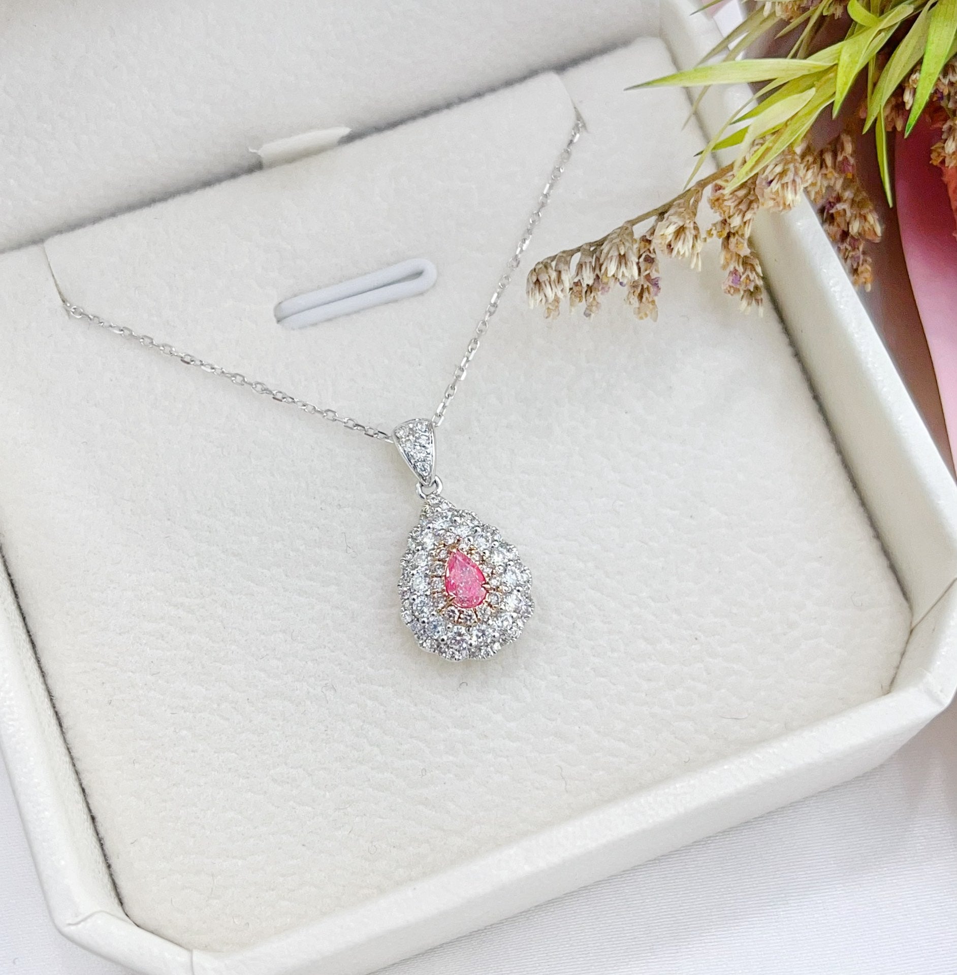 18K Gold Pink Diamond Pendant Necklace - Double Halo Design - Pink Diamond Necklace