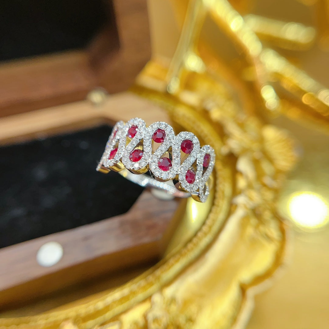 18K Gold Red Gemstone Round Wavy Ring - Exquisite Jewelry - Red Treasure Ring