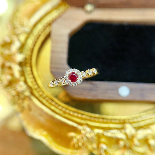 18K Gold Red Ruby Round Diamond Halo Arm Ring | Premium Jewelry - Red Treasure Ring