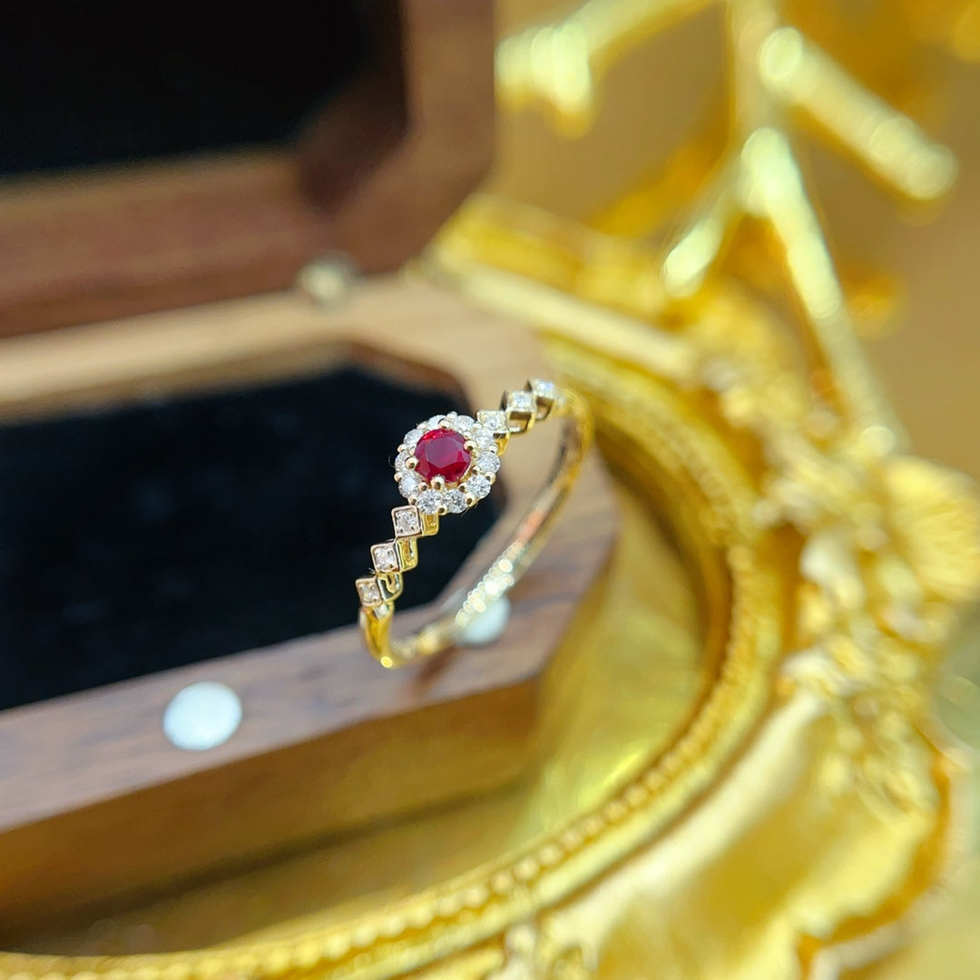 18K Gold Red Ruby Round Diamond Halo Arm Ring | Premium Jewelry - Red Treasure Ring