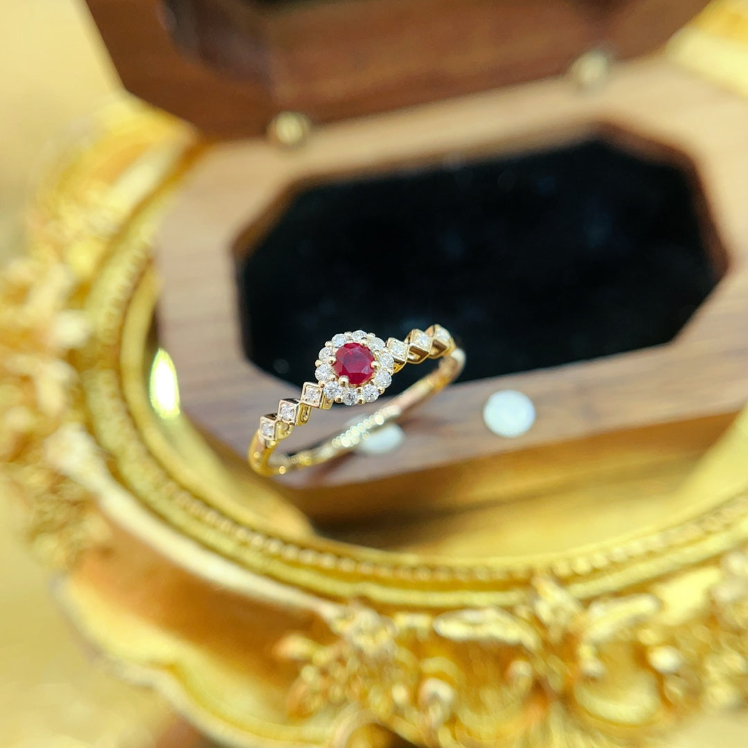 18K Gold Red Ruby Round Diamond Halo Arm Ring | Premium Jewelry - Red Treasure Ring