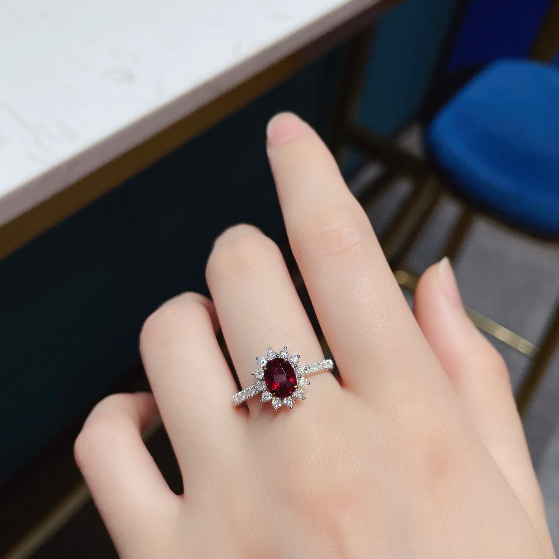 18K Gold Red Ruby Unburned Elliptical Sunflower Ring - Red Treasure Ring