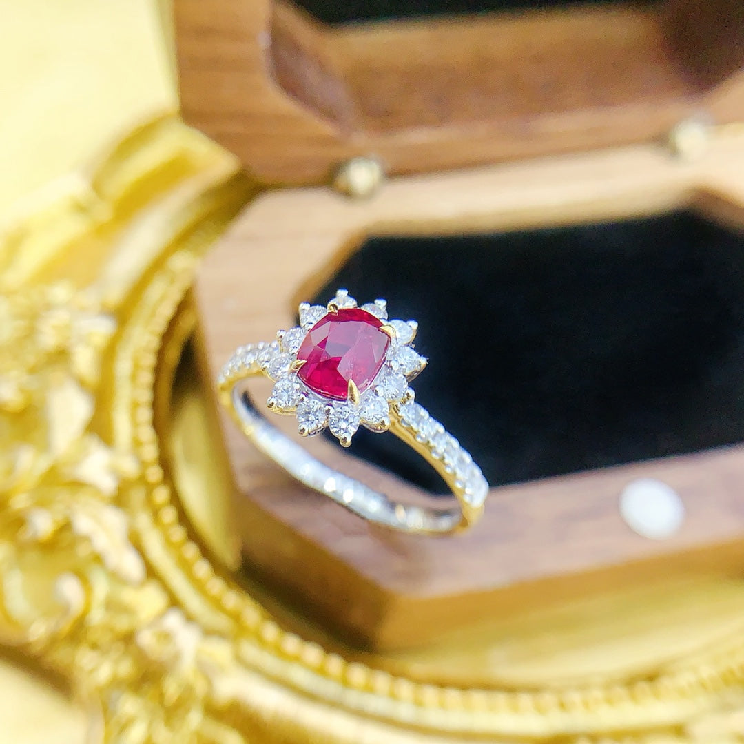 18K Gold Red Ruby Unburned Elliptical Sunflower Ring - Red Treasure Ring