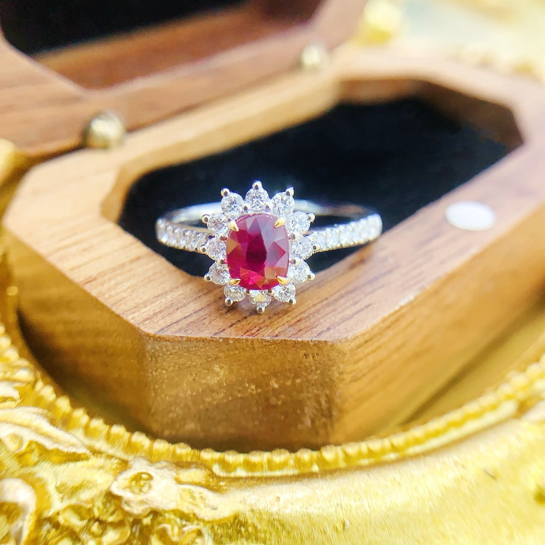 18K Gold Red Ruby Unburned Elliptical Sunflower Ring - Red Treasure Ring