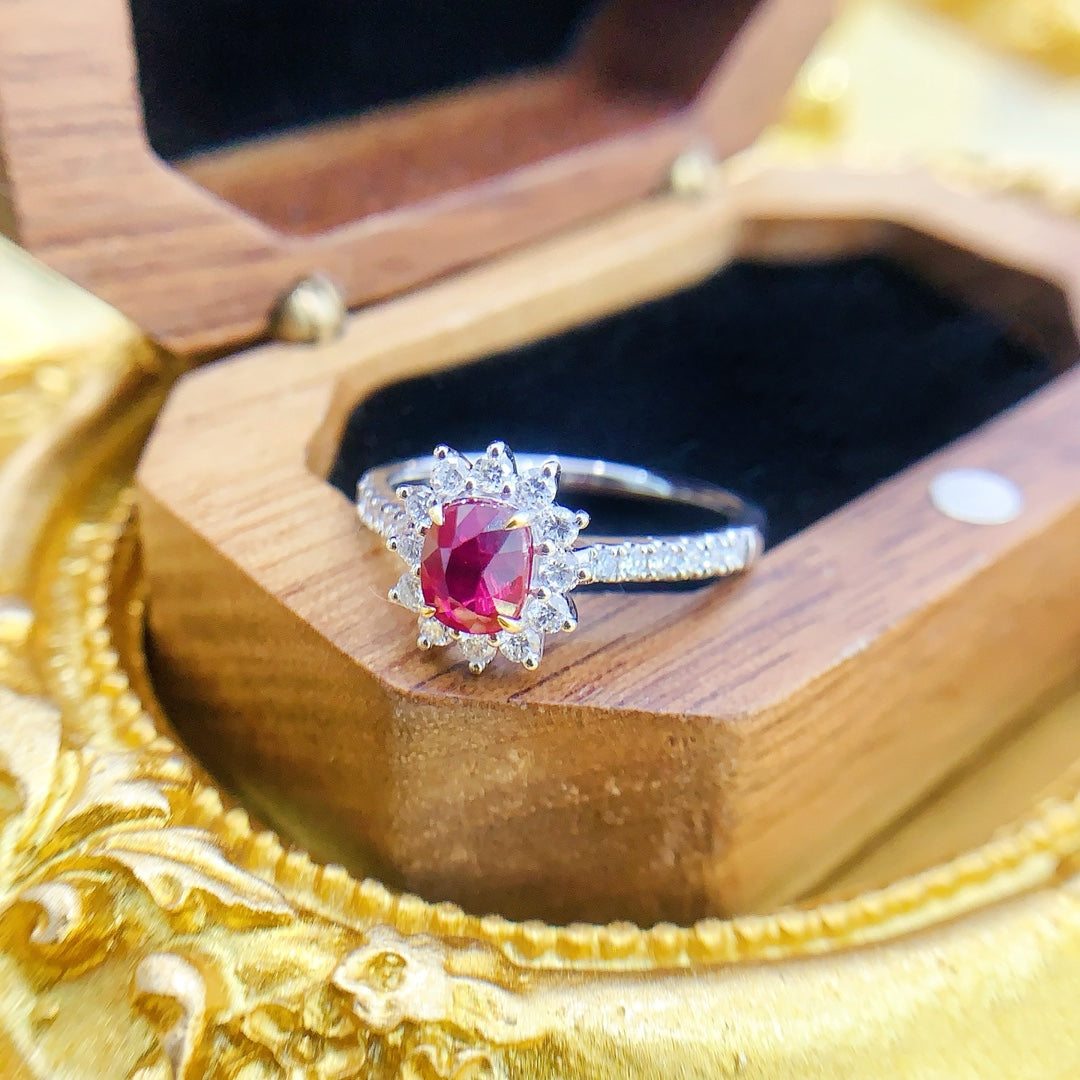 18K Gold Red Ruby Unburned Elliptical Sunflower Ring - Red Treasure Ring