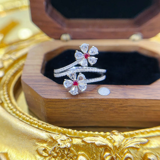 18K Gold Ruby Double Flower Ring | Exquisite Jewelry Piece - Red Treasure Ring