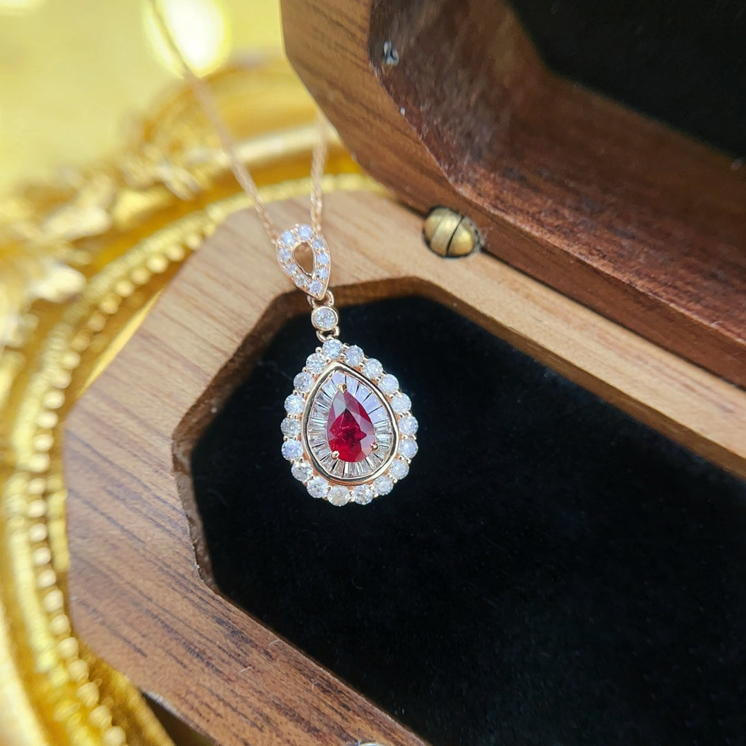 18K Gold Ruby Drop and Baguette Stone Bubble Necklace - Red Treasure Necklace