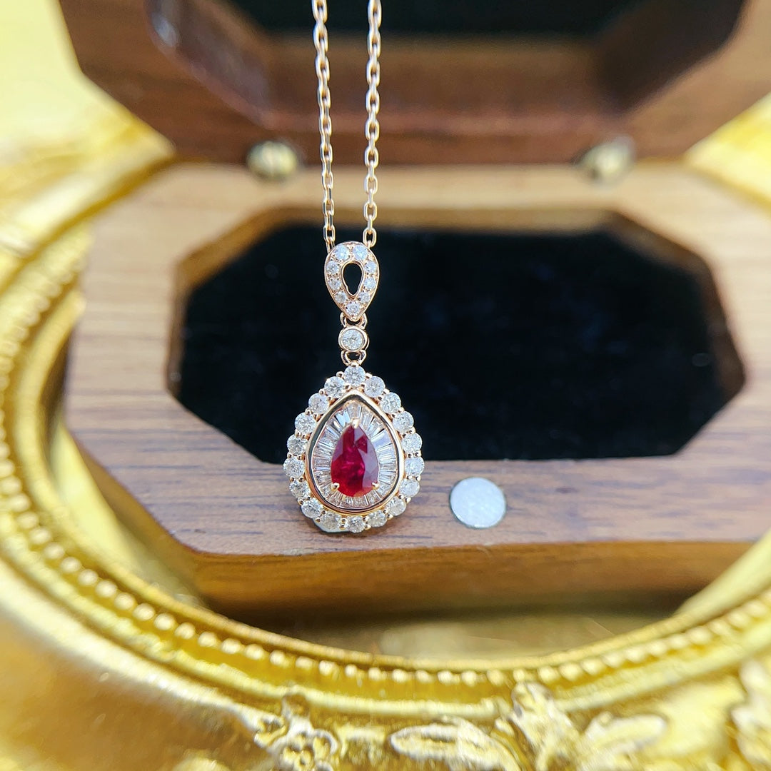 18K Gold Ruby Drop and Baguette Stone Bubble Necklace - Red Treasure Necklace