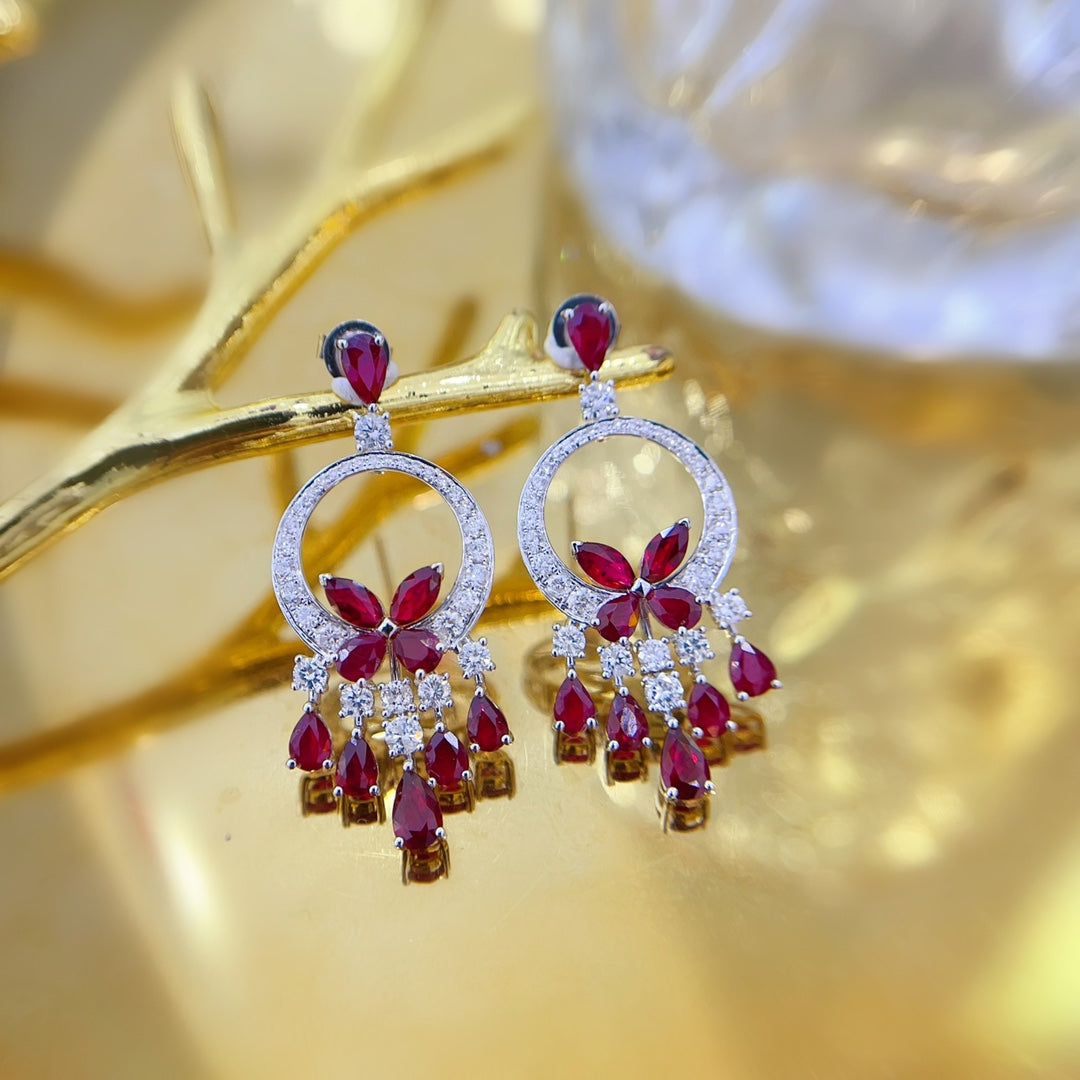 18K Gold Ruby Drop Butterfly Earrings with Dangling Charm Jeweler.Jewelry