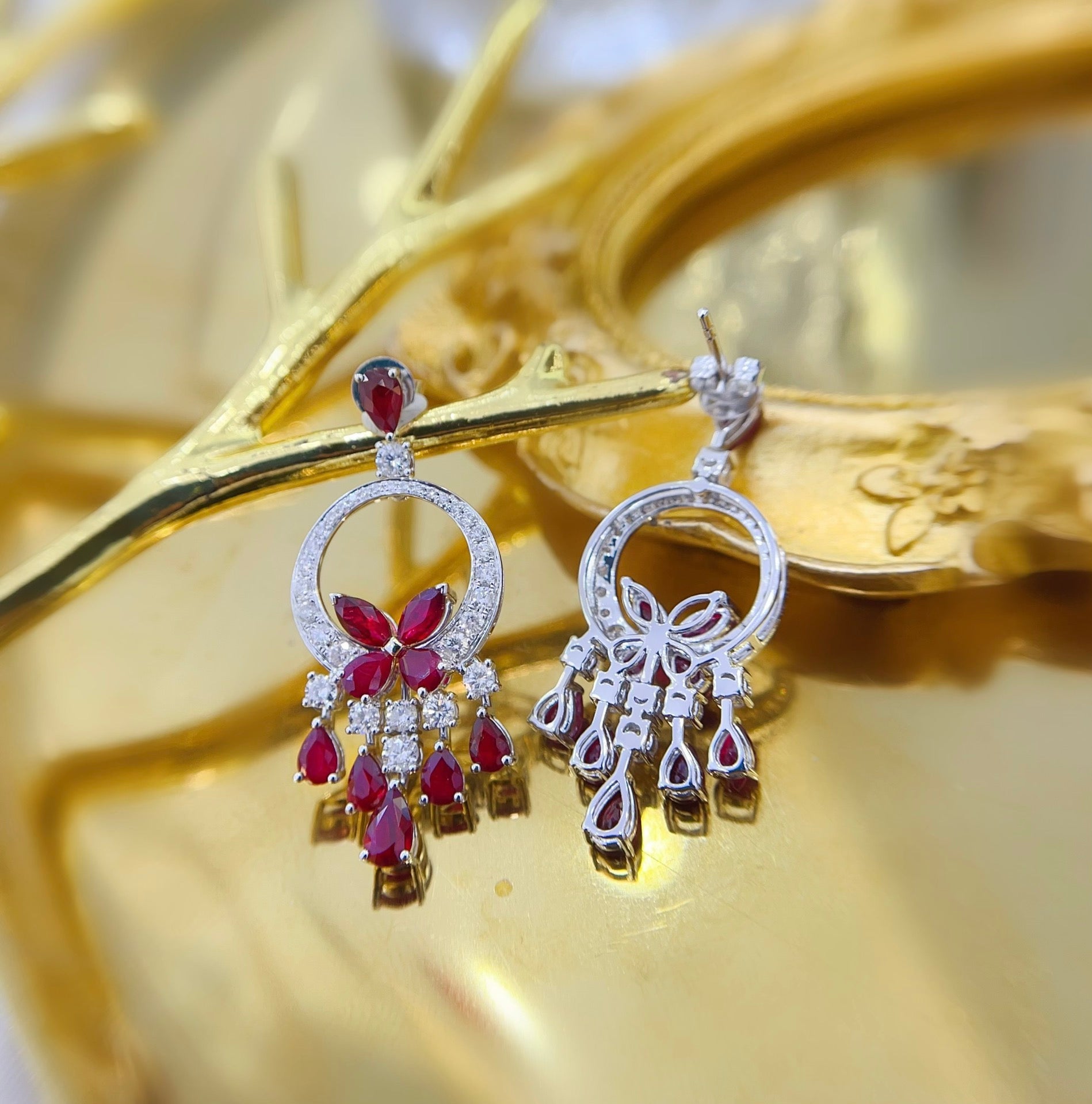 18K Gold Ruby Drop Butterfly Earrings with Dangling Charm Jeweler.Jewelry