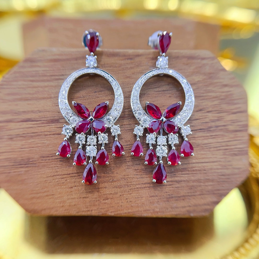 18K Gold Ruby Drop Butterfly Earrings with Dangling Charm Jeweler.Jewelry