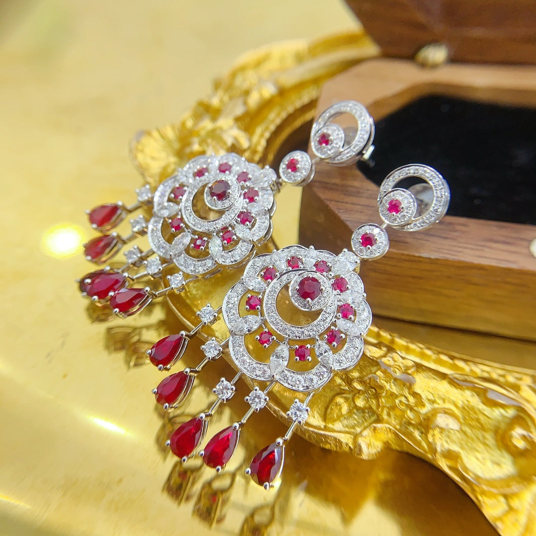 18K Gold Ruby Drop Petal Dangle Earrings - Luxurious Jewelry Jeweler.Jewelry