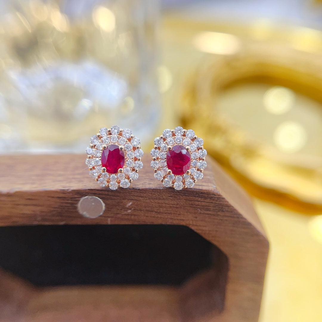 18K Gold Ruby Ellipse Double-Layer Stone-Surrounded Earrings Jeweler.Jewelry