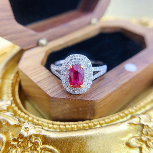 18K Gold Ruby Ellipse Double Shank Y-Arm Ring with AIGS Certificate - Red Treasure Ring