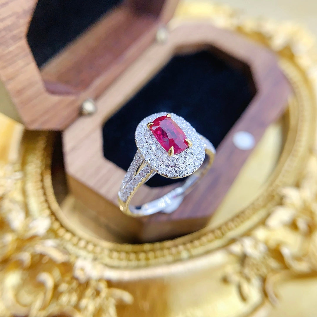 18K Gold Ruby Ellipse Double Shank Y-Arm Ring with AIGS Certificate - Red Treasure Ring