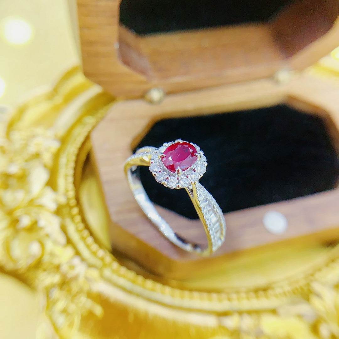 18K Gold Ruby Ellipse Step-Cut Ring with Stone-Set Shank - Luxurious Jewelry - Red Treasure Ring