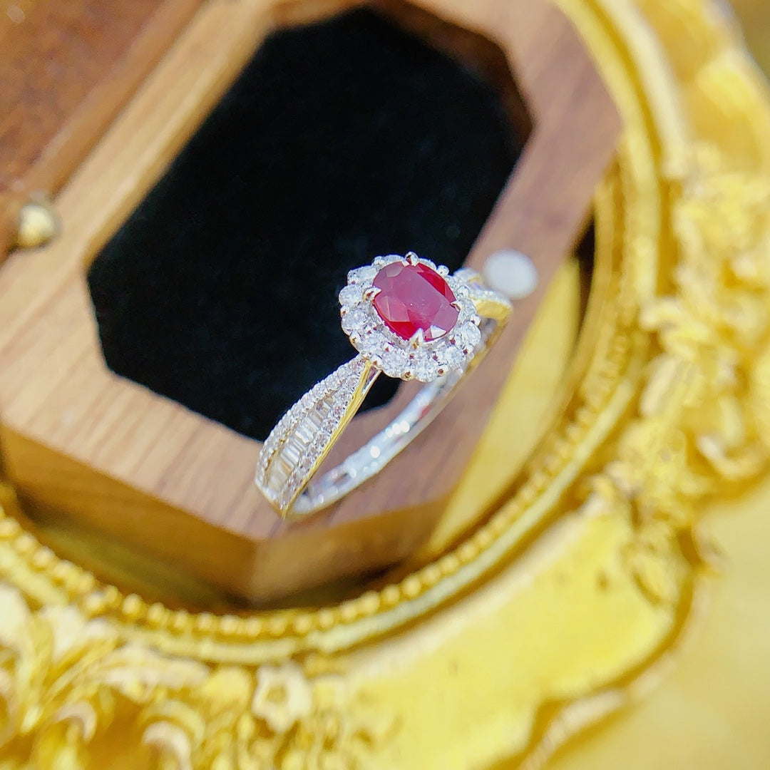 18K Gold Ruby Ellipse Step-Cut Ring with Stone-Set Shank - Luxurious Jewelry - Red Treasure Ring