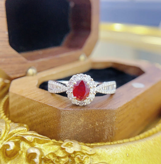 18K Gold Ruby Ellipse Step-Cut Ring with Stone-Set Shank - Luxurious Jewelry - Red Treasure Ring