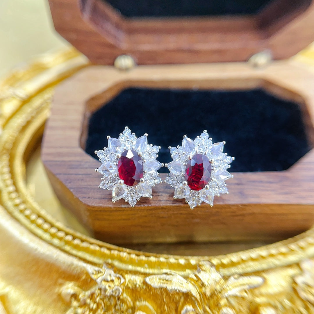 18K Gold Ruby Ellipse Surrounded Rose Cut Stud Earrings Jeweler.Jewelry