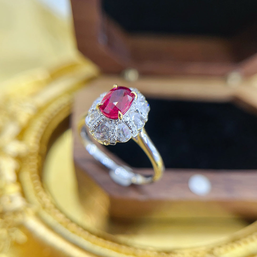 18K Gold Ruby Ellipse Surrounding Teardrop Ring - Premium Jewelry - Red Treasure Ring