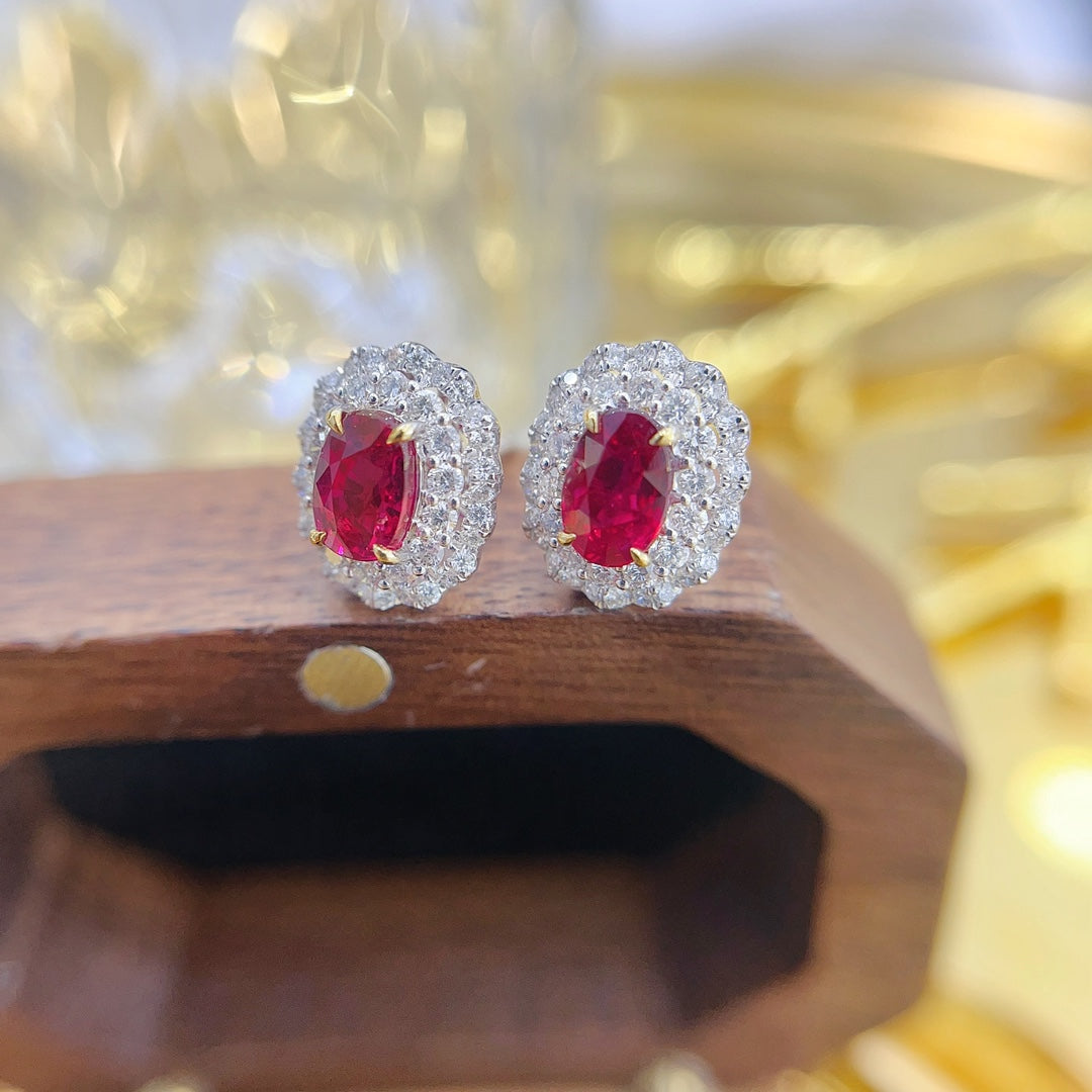 18K Gold Ruby Elliptical Diamond-Surrounded Earrings – Luxurious Jewelry Jeweler.Jewelry