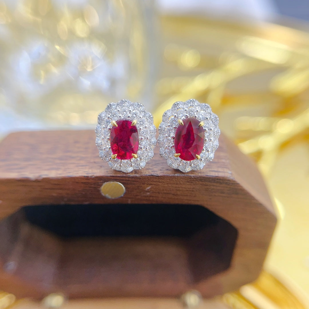 18K Gold Ruby Elliptical Diamond-Surrounded Earrings – Luxurious Jewelry Jeweler.Jewelry