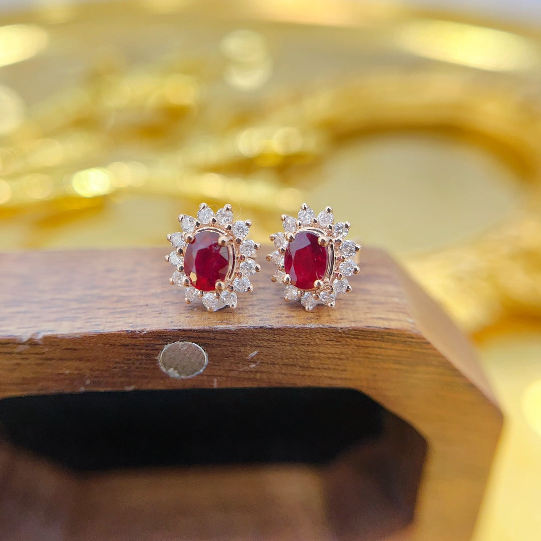 18K Gold Ruby Elliptical Sunflower Earrings - Luxury Jewelry Jeweler.Jewelry