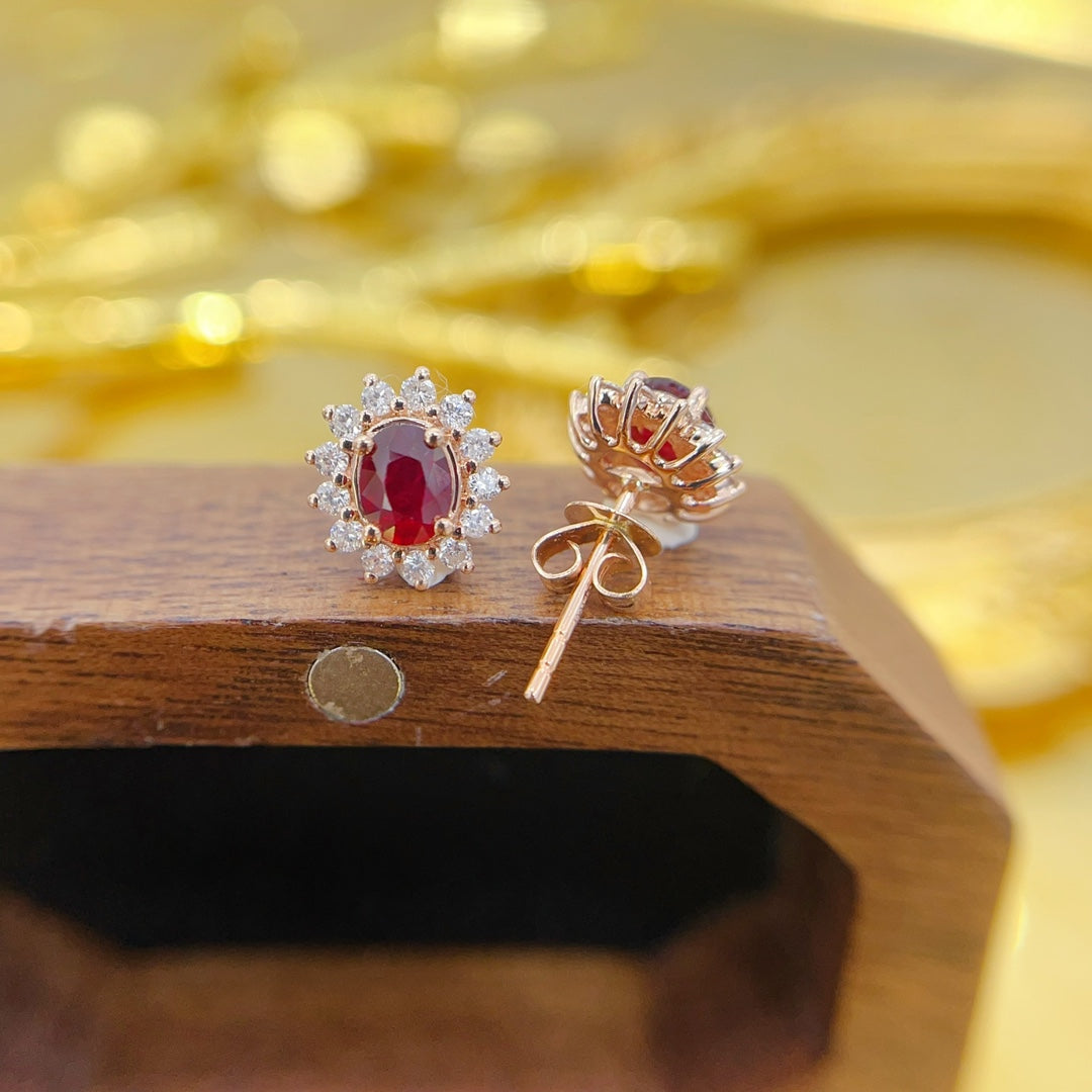 18K Gold Ruby Elliptical Sunflower Earrings - Luxury Jewelry Jeweler.Jewelry