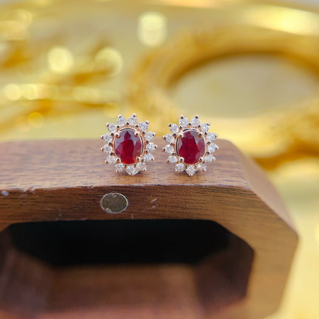 18K Gold Ruby Elliptical Sunflower Earrings - Luxury Jewelry Jeweler.Jewelry