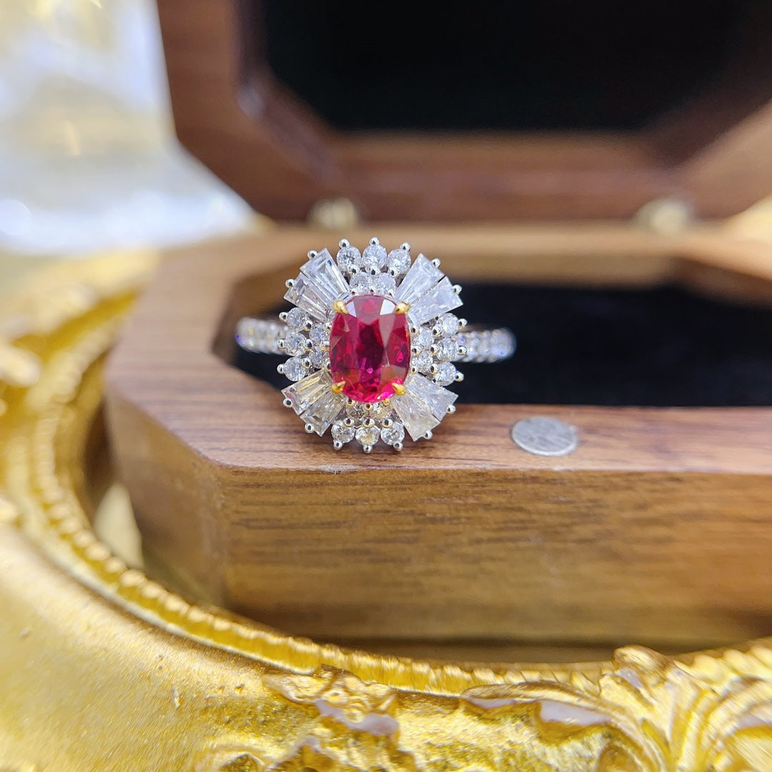 18K Gold Ruby Elliptical Surround Step-Cut Ring with AIGS Certificate | Premium Jewelry - Red Treasure Ring