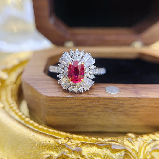 18K Gold Ruby Elliptical Surround Step-Cut Ring with AIGS Certificate | Premium Jewelry - Red Treasure Ring