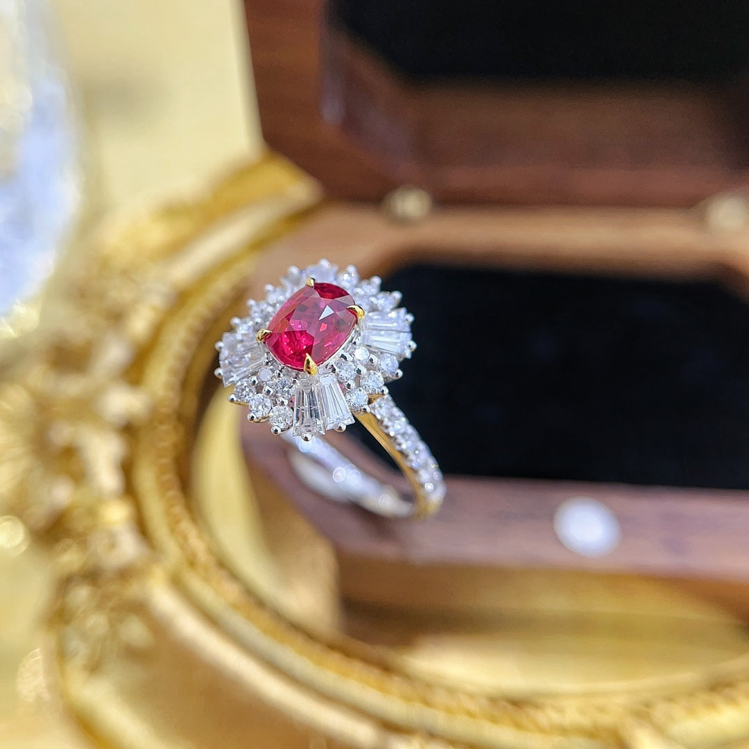 18K Gold Ruby Elliptical Surround Step-Cut Ring with AIGS Certificate | Premium Jewelry - Red Treasure Ring